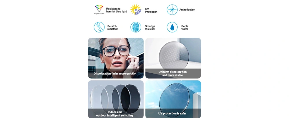 Vantagens das Lentes Oftálmicas para Óculos no Atacado UC420 1.56 Blue Cut Fotocromáticas PGX Fabricantes de Lentes Ópticas Vantagens das Lentes Oftálmicas para Óculos no Atacado UC420 1.56 Blue Cut Fotocromáticas PGX Fabricantes de Lentes Ópticas