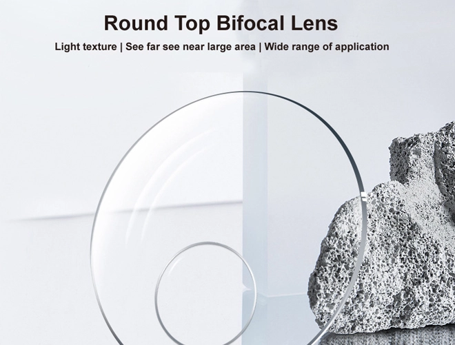 Especificação de lentes de óculos com prescrição bifocal de topo redondo CR39 1.49 sem revestimento
