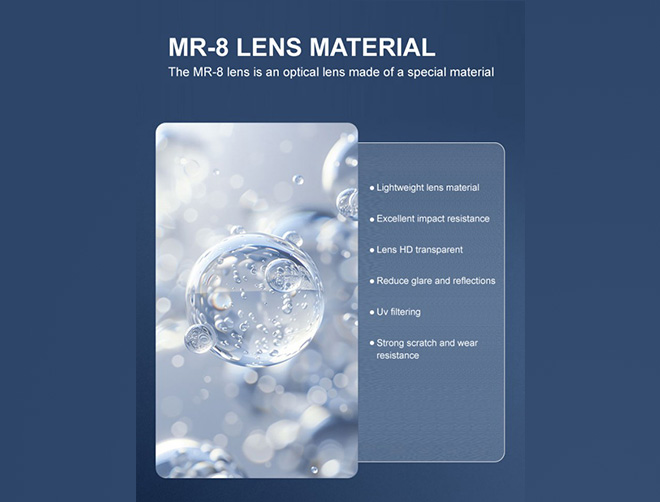 Especificação das Lentes de Grau com Visão Simples 1.61 Asférica MR-8 UV420 Bloqueio de Luz Azul HMC Revestimento Múltiplo Duro